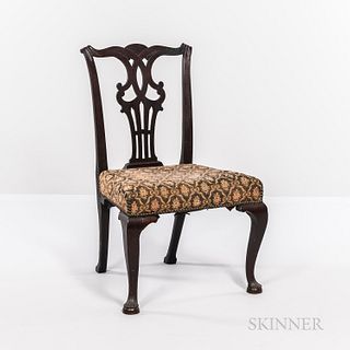 Chippendale Carved Mahogany Side Chair, probably Boston, the serpentine crest with scrolled terminals above a gothic splat, overupholst