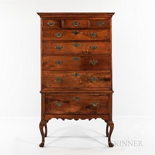 Walnut High Chest of Drawers, Eastern Pennsylvania, c. 1750-70, the upper case with molded cornice above three thumb-molded short drawe