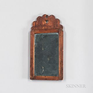 Small Pine Mirror, probably late 18th century, the scalloped demilune crest above a rectangular frame with chamfered inner edge, ht. 11
