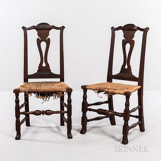 Pair of Cherry Side Chairs, New England, last half 18th century, the shaped and carved crest rails above pierced vasiform splats and ra