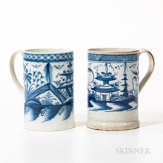 Two Pearlware Quart Mugs, England, late 18th century, with chinoiserie decoration, ht. to 6 1/4 in.