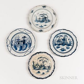 Four Signed or Identified "Chinese House" Pearlware Plates, England, late 18th/early 19th century, including a c. 1775 plate with "WG"