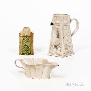 Three Early English Ceramic Table Items, Staffordshire, 18th century, a molded salt-glazed stoneware coffeepot; a molded salt-glazed st