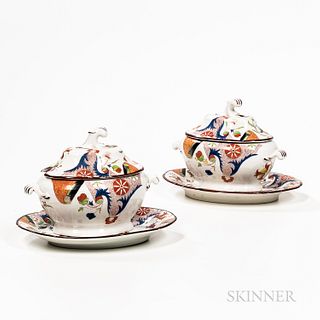Pair of Transfer-decorated and Hand-colored Sauce Tureens and Underplates, England, late 19th century, oval tureens with shaped knops a