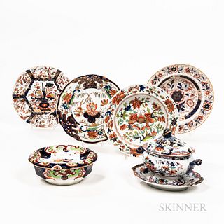 Seven Pieces of Imari Palette Ironstone China, some marked Mason's Ironstone, England, 19th century, including a strainer dish, a sauce