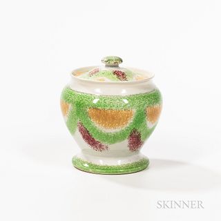 Rainbow Spatterware Covered Sugar Bowl, England, early 19th century, in green, red, and yellow, ht. 5 1/4 in.