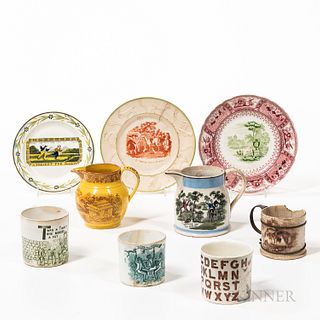 Nine Transfer-printed Table Items, England, early 19th century, four child's mugs, two small pitchers, and three small plates, dia. to