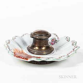 Porcelain and Silver Inkwell, 19th century, The inkwell with gilt interior and likely French hallmarks, mounted on a porcelain dish bas