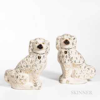 Pair of Large Staffordshire King Charles Spaniel Figures, England, 19th century, with painted facial details, and gilt collars, chains,