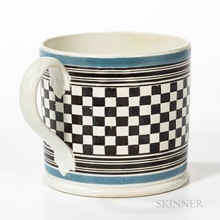 Checkered and Slip-decorated Pearlware Porter Mug, England, early 19th century, the body with checkering filled with brown slip and bor