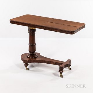 Classical Mahogany Worktable, c. 1820, the rectangular top with rounded corners composed of a fixed half and a convertible half with tw