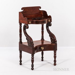 Classical Carved Mahogany and Mahogany Veneer Chamber Stand, probably Boston, c. 1820, with shaped and scrolled gallery above a top wit