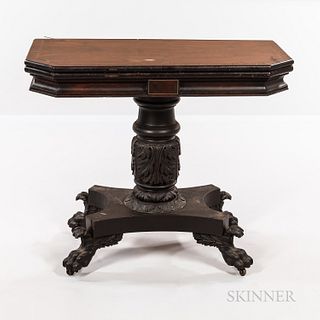 Classical Carved Mahogany, Mahogany Veneer, and Brass-inlaid Card Table, probably Philadelphia, c. 1820-25, the top with crossbanded bo