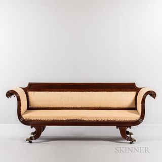 Classical Carved and Reeded Sofa, probably Boston, c. 1820, the projecting crest with heavy reeding and upholstered back joining outwar
