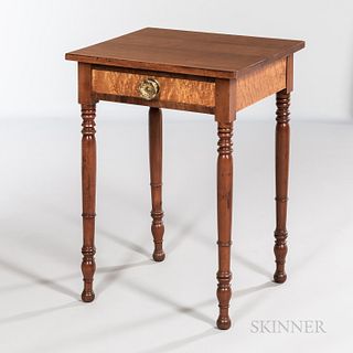 Cherry and Bird's-eye Maple Veneer One-drawer Stand, New England, c. 1825-35, the bird's-eye maple skirt joining vase- and ring-turned
