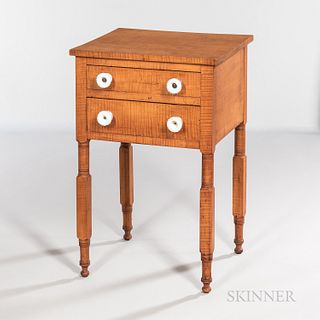 Tiger Maple Two-drawer Worktable, New York State, c. 1825-40, with block-turned legs and opalescent pattern glass pulls, ht. 28 1/2, wd