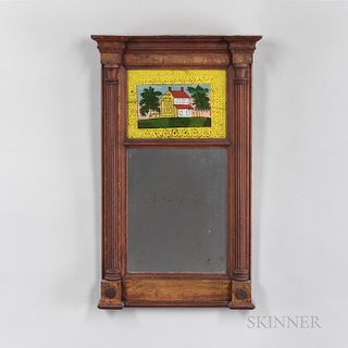 Paint-decorated Mirror with Reverse-painted Tablet, New England, early 19th century, with reeded half-columns, tablet showing a house b