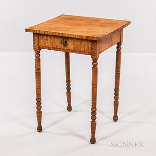 Tiger Maple One-drawer Stand, probably New England, c. 1825-30, the square top on bulbous vase- and ring-turned legs joining a straight