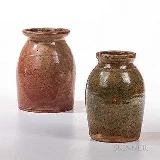 Two Glazed Redware Jars, a green jug attributed to Galena Pottery, Illinois, mid-19th century, and a reddish one, New York State, c. 18