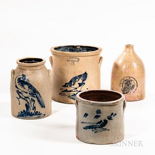 Four Pieces of Cobalt-decorated Stoneware, northeastern United States, 19th century, including a bird-decorated jar, a six-gallon Ottma