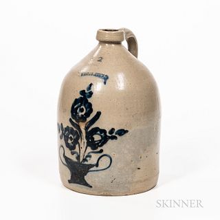 Two-gallon Cobalt-decorated Stoneware Jug, White's, Utica, New York, third quarter 19th century, straight-sided body with potted flower