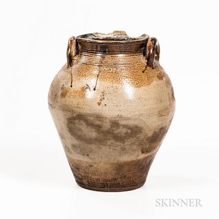Three-gallon Jar, Frederick Carpenter, Boston, Massachusetts, early 19th century, ovoid body with attached loop handles, tooled rim, br