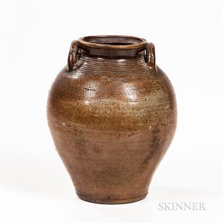 Three-gallon Stoneware Jar, Frederick Carpenter, Boston, Massachusetts, early 19th century, ovoid body with open loop handles and toole