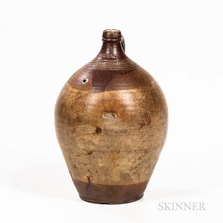 Stoneware Jug, Frederick Carpenter, Boston, Massachusetts, early 19th century, tall ovoid body with attached strap handle, brown bands