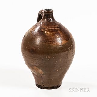 Early Stoneware Jug, Frederick Carpenter, Charlestown, Massachusetts, early 19th century, tall ovoid body with a strap handle and coggl
