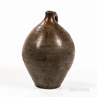 Stoneware Jug, Frederick Carpenter, Charlestown, Massachusetts, early 19th century, ovoid body with strap handle, tooled neck, marked "