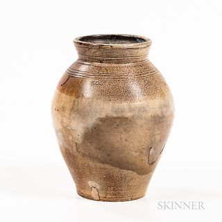 Stoneware Jar, Frederick Carpenter, Boston, Massachusetts, early 19th century, ovoid body, tooled shoulders and rim, band of speckled o
