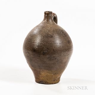 Stoneware Jug, Frederick Carpenter, Boston, Massachusetts, early 19th century, ovoid body with attached strap handle, tooled shoulders