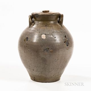 Large Covered Stoneware Jar, Frederick Carpenter, Charlestown, Massachusetts, early 19th century, ovoid body with open loop handles, wi