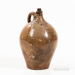 Early Stoneware Jug, likely Frederick Carpenter, Boston, Massachusetts, early 19th century, ovoid body with strap handle, tooled neck a