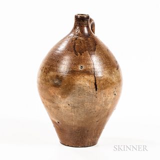 Stoneware Jug, Frederick Carpenter, Boston, Massachusetts, early 19th century, tall ovoid form with strap handle and tooled neck, orang