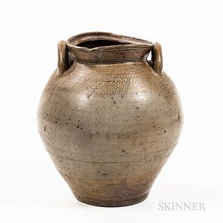 Stoneware Jar, Frederick Carpenter, Charlestown, Massachusetts, early 19th century, squat ovoid body with attached lug handles, tooled