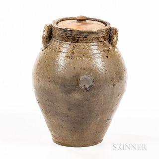 Small Covered Stoneware Jar, Frederick Carpenter, Boston, Massachusetts, early 19th century, ovoid body with attached lug handles, tool