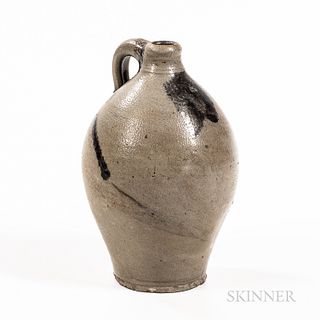 Small Stoneware Jug, likely Frederick Carpenter, Boston, Massachusetts, early 19th century, tall ovoid body with attached strap handle,
