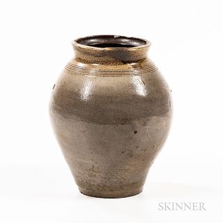 Small Stoneware Jar, likely Frederick Carpenter, Boston, Massachusetts, early 19th century, ovoid body, speckled bands of yellowish gla