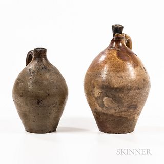Two Stoneware Jugs, Frederick Carpenter, Boston, Massachusetts, early 19th century, ovoid bodies with strap handles, both with tooled n