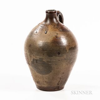 Stoneware Jug, Frederick Carpenter, Charlestown, Massachusetts, early 19th century, ovoid body, strap handle, tooled neck, shoulders, a