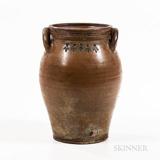 Early "Crowfoot" Decorated Stoneware Jar, Attributed to Jonathan Fenton, Boston, Massachusetts, c. 1794-1796, ovoid body with attached