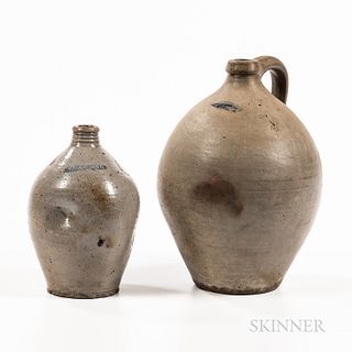 Two Stoneware Jugs, Norwich and Hartford, Connecticut, 19th century, ovoid bodies with strap handles, one with tooled neck and base and