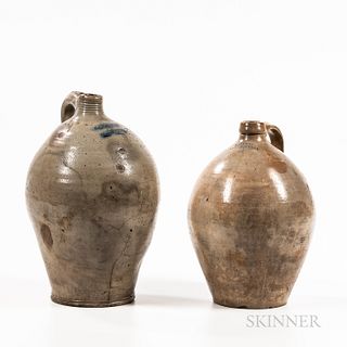 Two Large Stoneware Jugs, Hartford, Connecticut, and Troy, New York, early to mid-19th century, both with ovoid bodies and strap handle