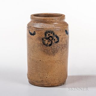 Early Cobalt-decorated Jar, New York or New Jersey, c. 1790-1810, cylindrical form with cobalt flower decoration, ht. 8 1/4 in.