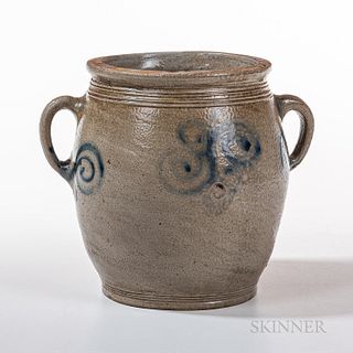 Early Cobalt-decorated Jar, attributed to Captain J. Morgan's Pottery, Cheesequake, New Jersey, c. 1755-84, ovoid form with cobalt spir