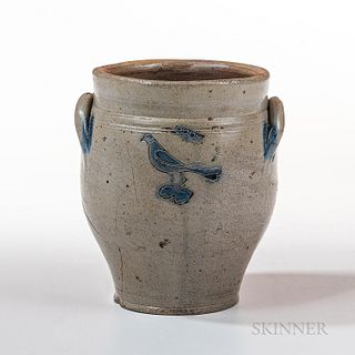 Incised and Cobalt-decorated Jar, America, early 19th century, tall ovoid form with an incised and cobalt-decorated bird on one side an