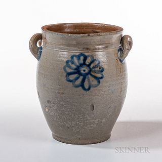 Early Cobalt-decorated Stoneware Jar, probably New York or New Jersey, late 18th/early 19th century, ovoid form with prominent cobalt f