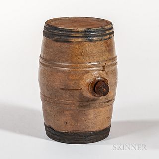 Cobalt-decorated Stoneware Whiskey Cask, Clarkson Crolius Sr., New York, c. 1800-14, barrel form with molded bands and spout, impressed