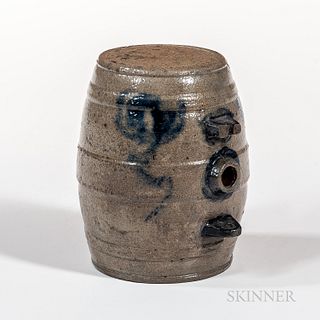 Cobalt-decorated Stoneware Whiskey Cask, New York or Pennsylvania, c. 1840-60, barrel form with molded bands, spout and bail lugs, ht.